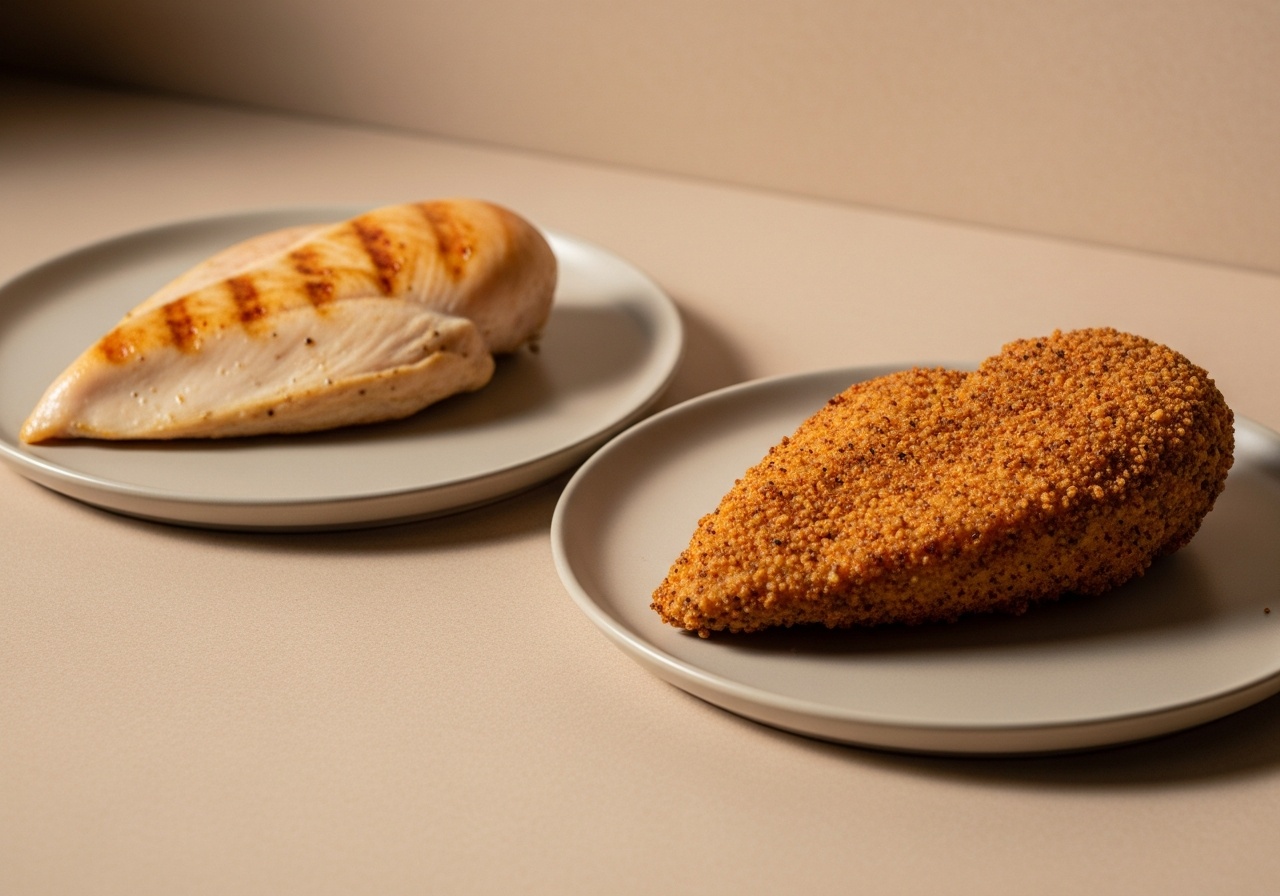 Show how preparation changes calorie content by contrasting plain chicken with a visibly breaded, fried-style chicken piece in a realistic home cooking context. — calories in chicken