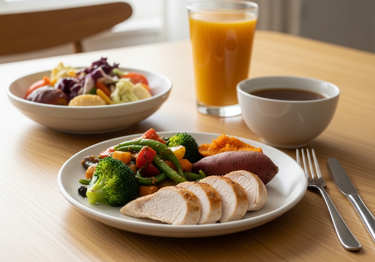 Show a balanced meal built around a modest portion of chicken to communicate practical portion planning for calorie goals. — calories in chicken