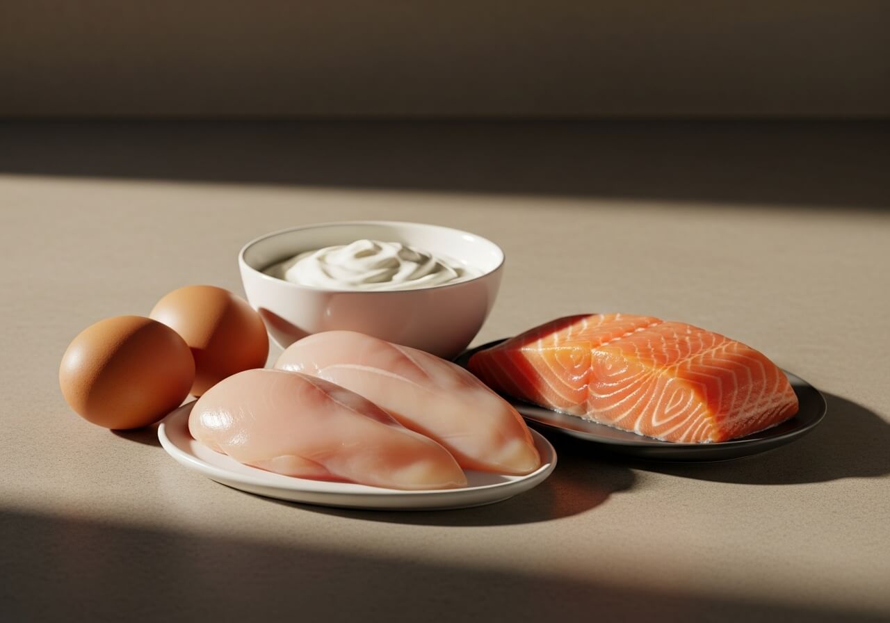 Show straightforward animal protein sources that naturally contain all essential amino acids — complete amino acid foods