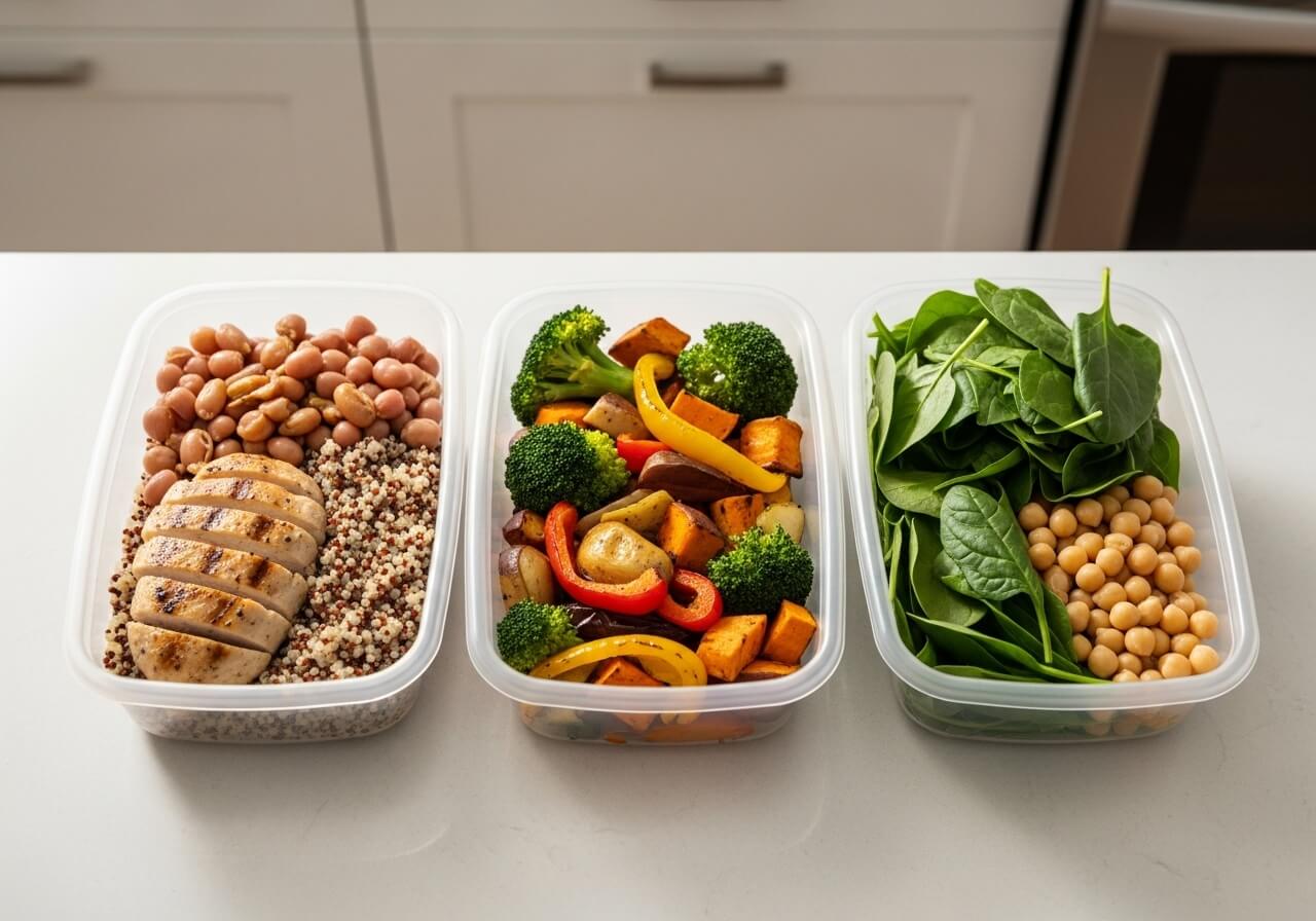 A representative meal-planning moment showing multiple prepared components that can be combined through the week — anti-inflammatory meal planning