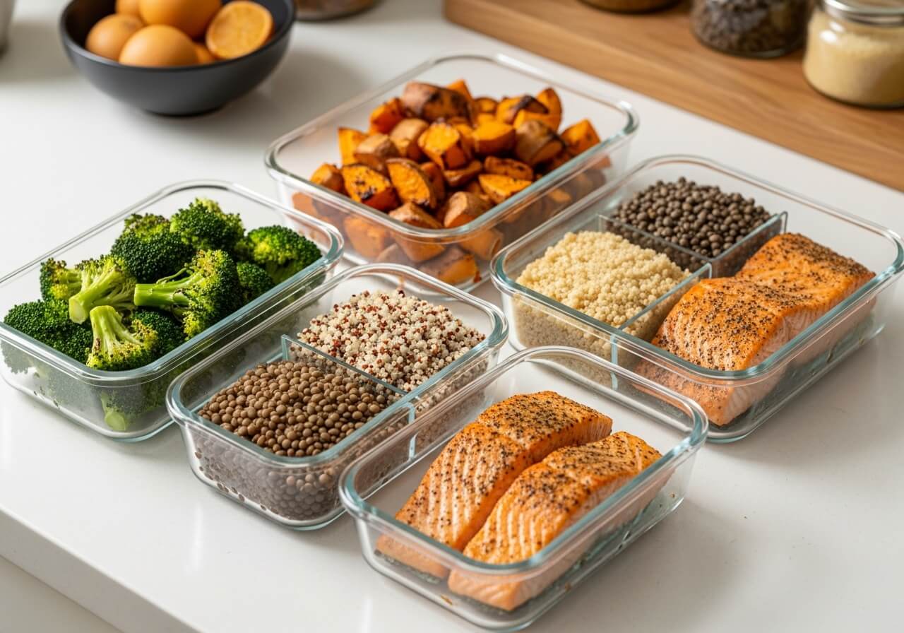 Batch-cooked components stored separately to create flexible meals throughout the week — anti-inflammatory meal planning