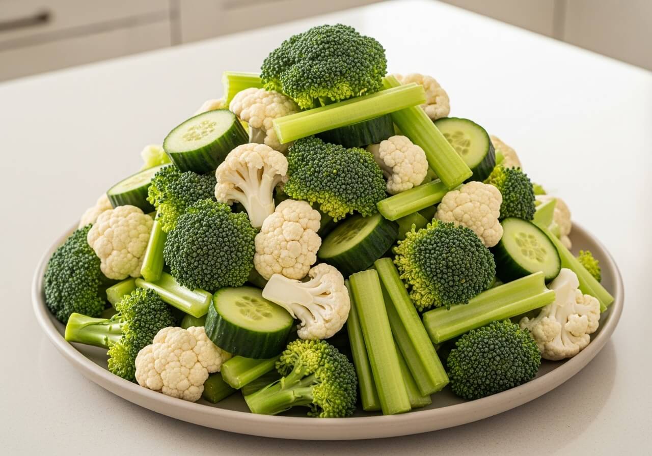 Show the water-rich volume of non-starchy vegetables that helps create fullness with few calories — high volume low calorie foods