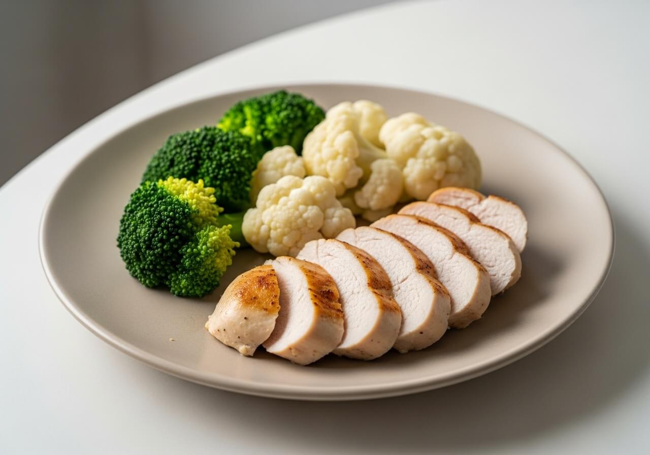 Show a lean protein portion paired with vegetables to communicate lasting fullness — high volume low calorie foods