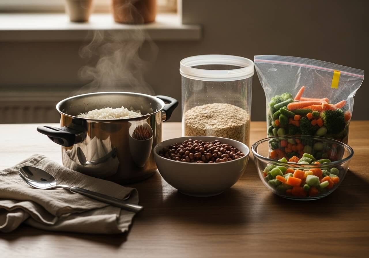 Show the core meal-prep staples that form a week of affordable meals — affordable fitness nutrition