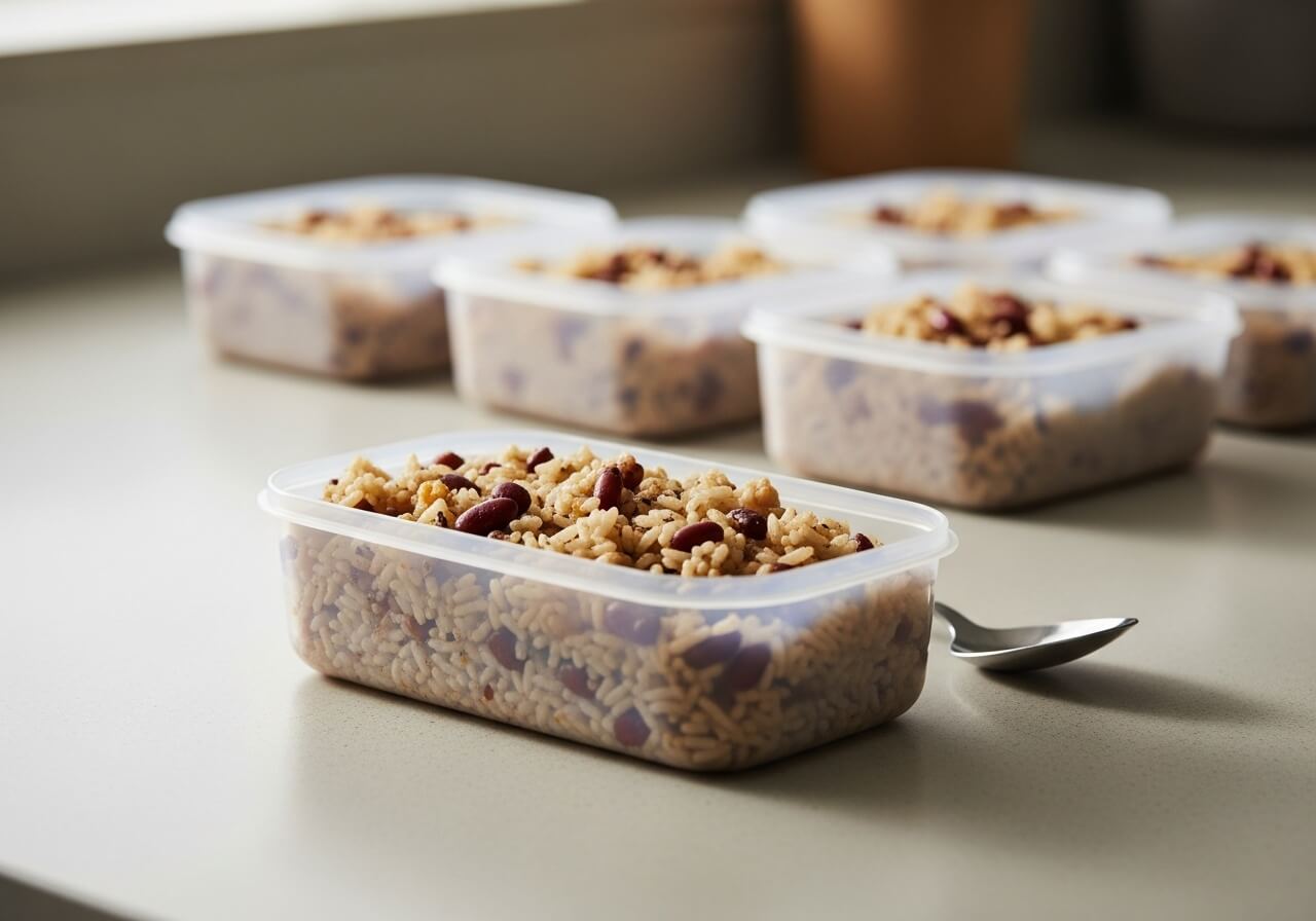 Show portion control through a single measured meal container — affordable fitness nutrition