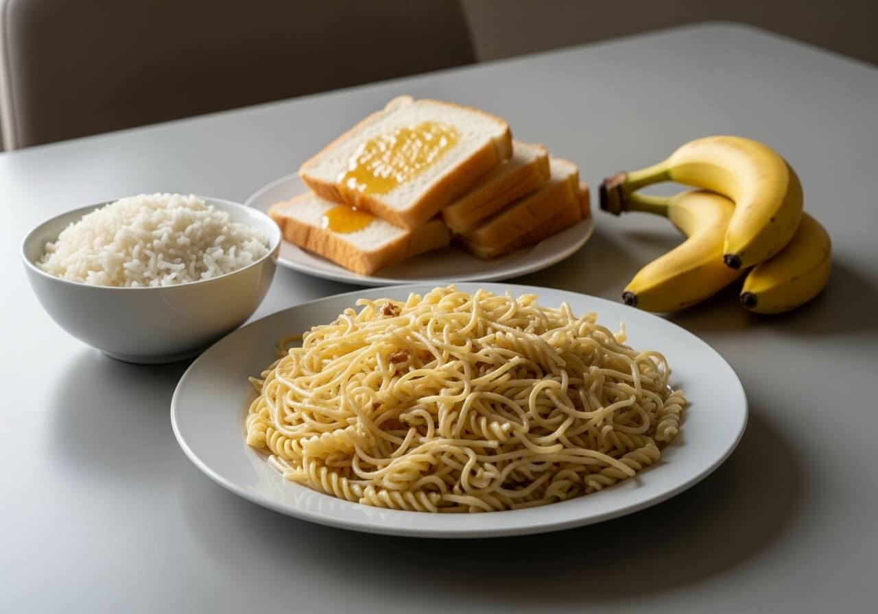 Show the pre-race loading day as a deliberate high-carb food setup — carbohydrate loading athletes