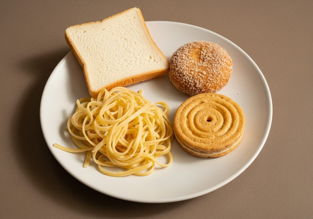 A lunch choice that explains the blood sugar spike-and-drop problem from refined carbs — foods for energy levels