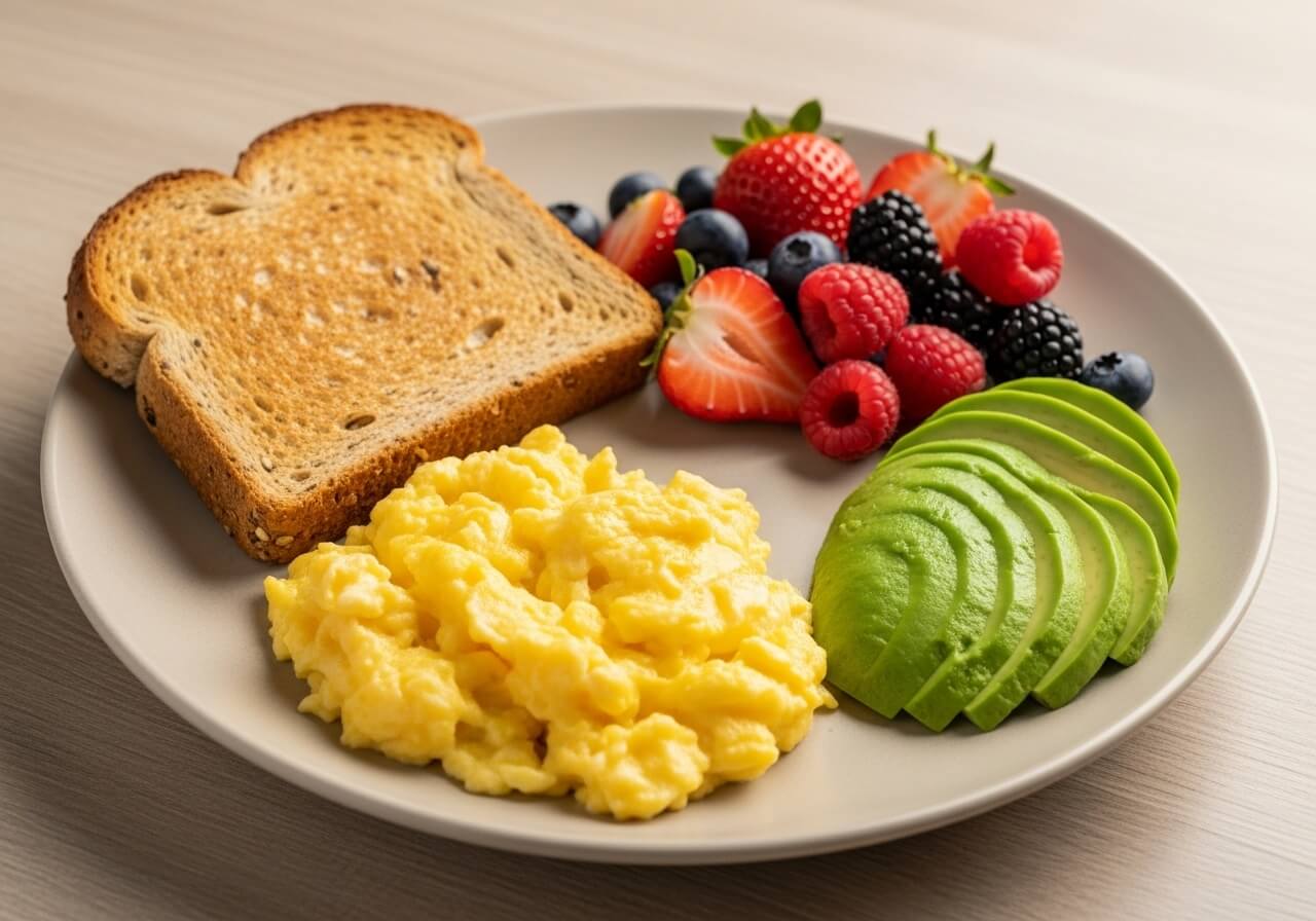 Show the meal-combining principle using one balanced plate with protein, complex carbs, fiber, and healthy fat — foods for energy levels