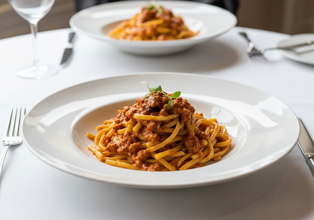 Show the hidden calorie problem as an oversized restaurant portion, not a generic healthy meal — eating out fitness goals