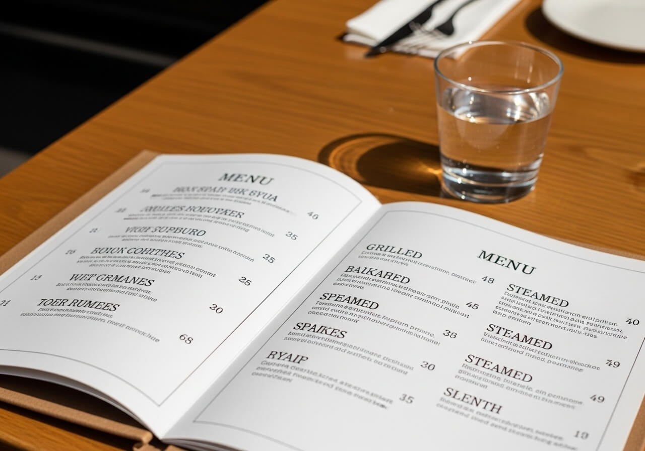 Show the menu-reading cue that helps identify lower-calorie cooking methods — eating out fitness goals