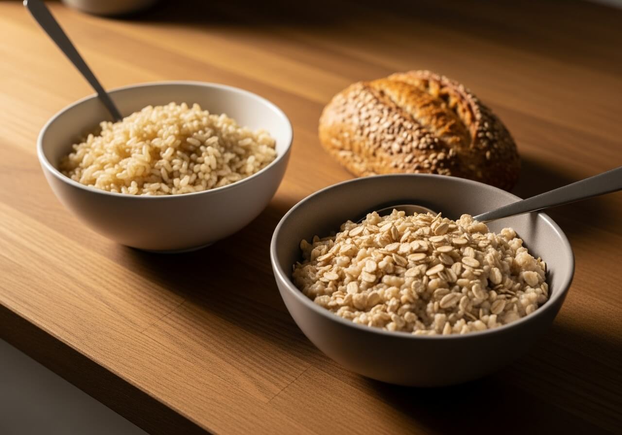 Show the practical grain swap that raises fiber content in meals — fiber content in foods