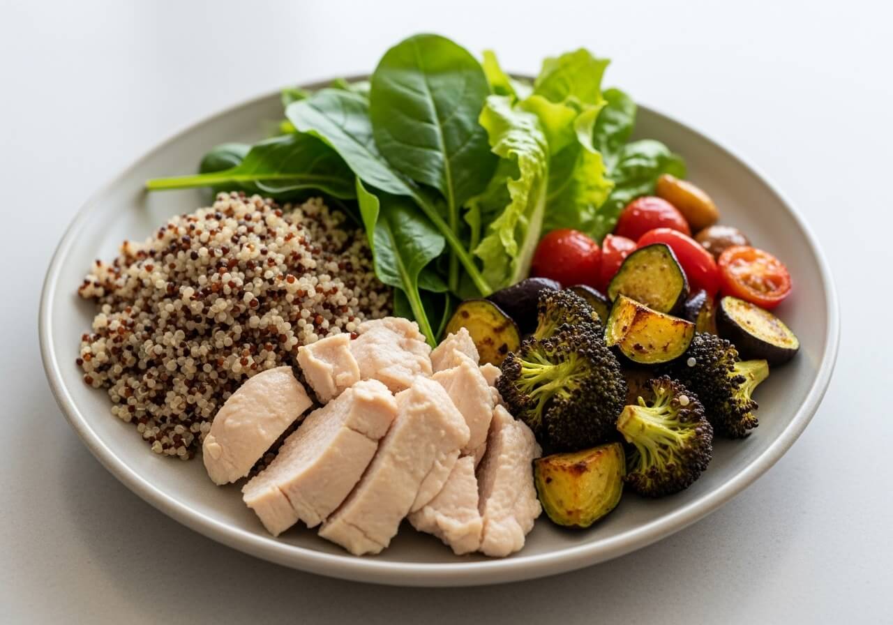 a balanced plate that demonstrates proportion and satiety — food combining digestion