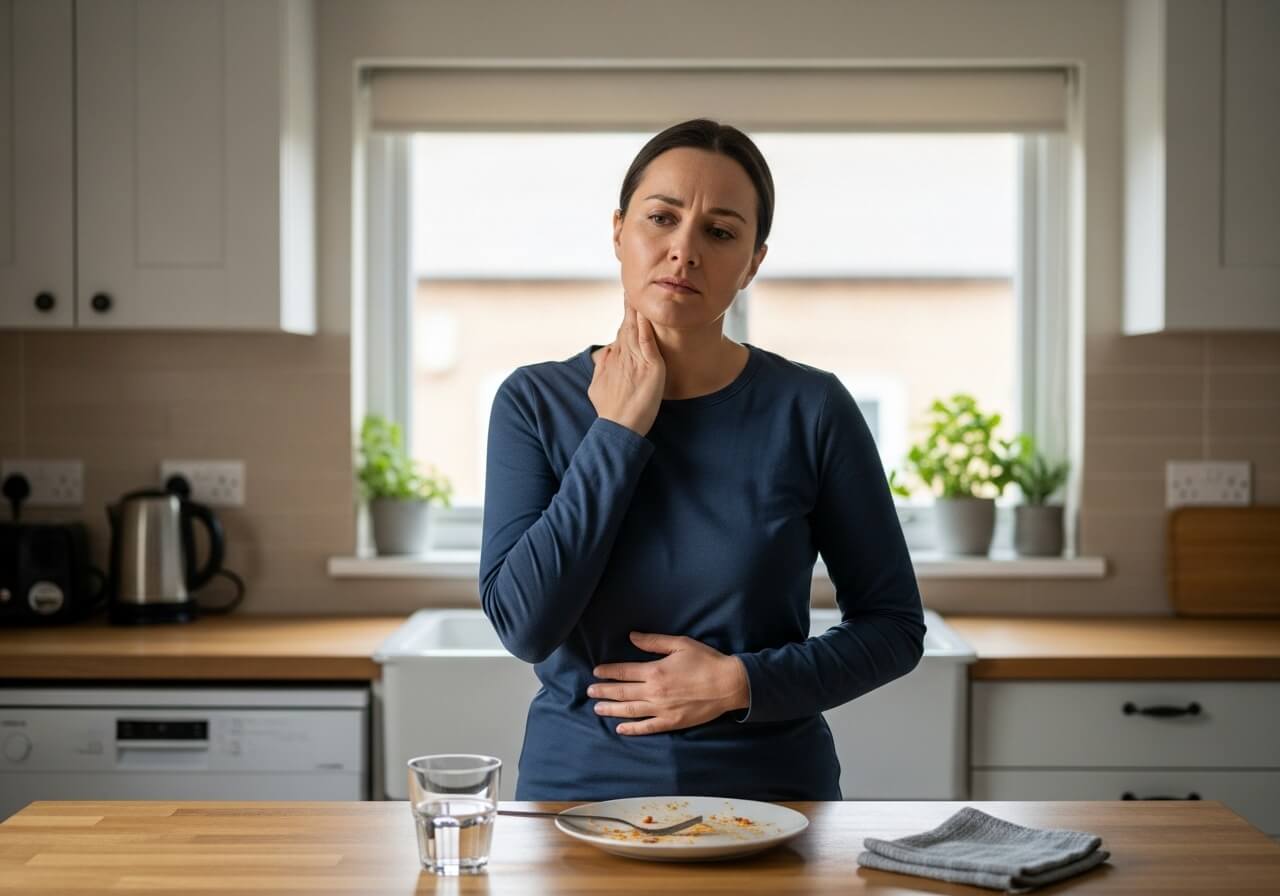 Show the rapid, multi-system nature of an allergic reaction in a realistic way without medical dramatization — food sensitivity vs allergy