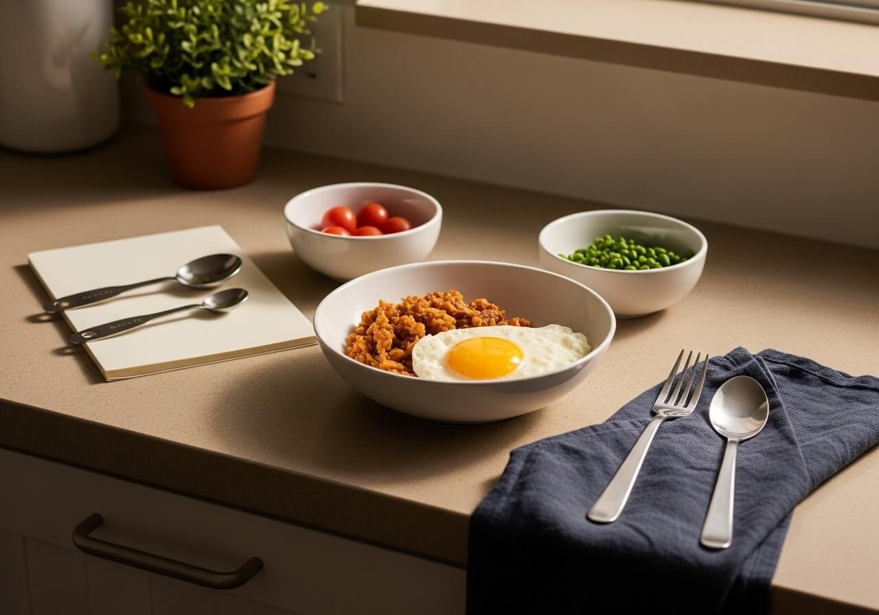 Show the structured removal and reintroduction process through a single clear meal-prep moment — food sensitivity vs allergy