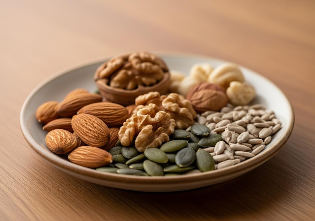 Show a small, practical portion of nuts and seeds as portable steady fuel — natural energy boosting foods