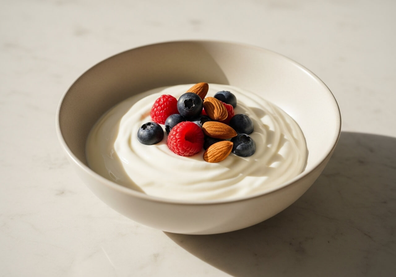 Show plain Greek yogurt as a balanced afternoon snack base with controlled toppings — natural energy boosting foods