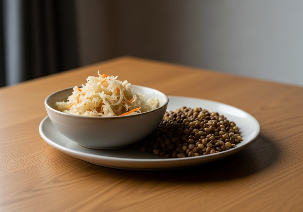 Show a recovery-supportive fermented food and fiber context linked to calmer digestion — gut health nutrient absorption
