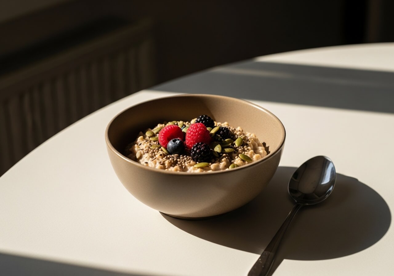 Show a fiber-heavy breakfast that makes sense on a rest day but can be too heavy before training — gut health nutrition fitness