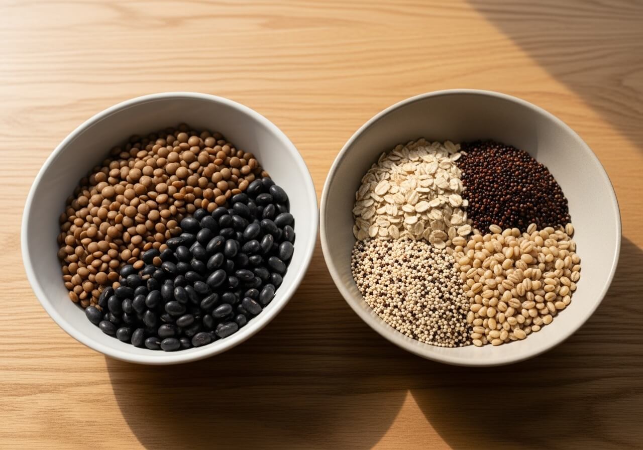 Show the difference between fiber-dense legumes and steady whole grains as practical meal foundations — high fiber foods