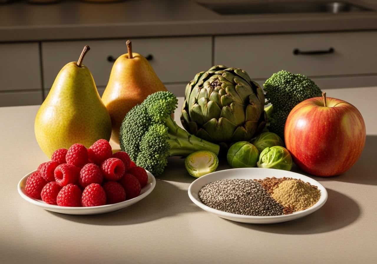 Show a practical mix of the most fiber-rich produce and seed-based options readers can actually buy and use — high fiber foods