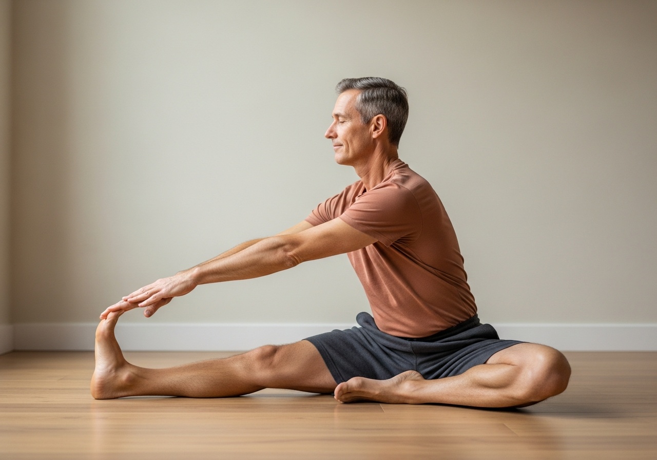 Show the advanced mobility and control stage by depicting the 90/90 hip stretch with upright posture and rotation. — hip exercises