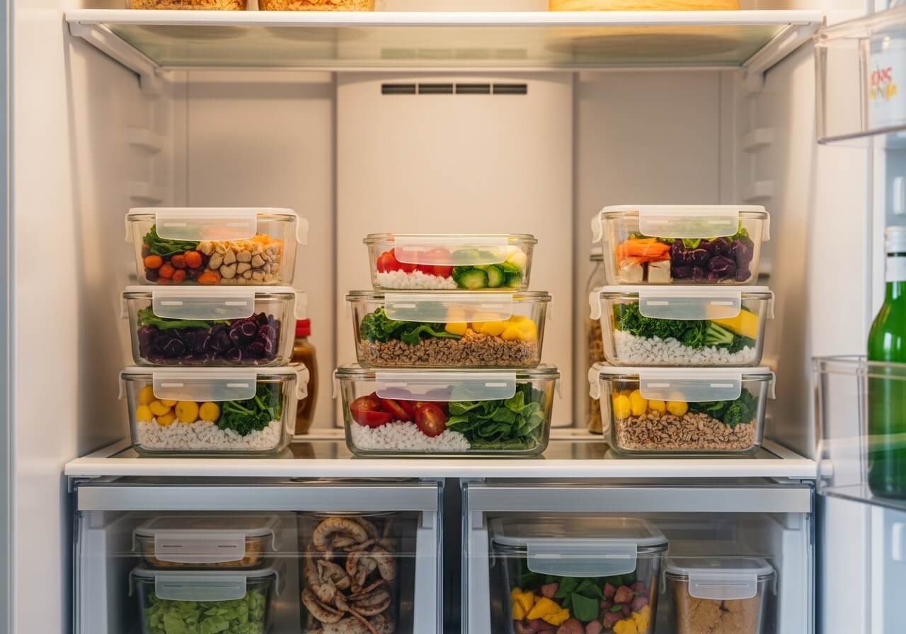 The visual cue that prepared meals reduce decision fatigue by making the healthy choice visible and ready — sustainable meal prep system