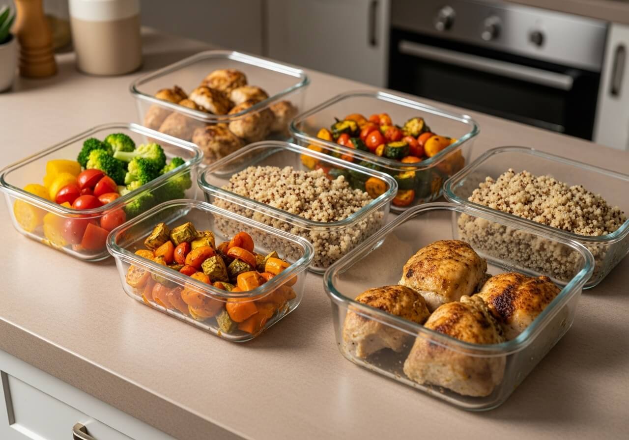 Show batch cooking as the practical method that makes the plan sustainable — anti-inflammatory meal plan