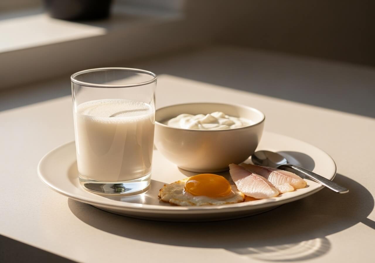 Show calcium-rich food paired with vitamin D support in one practical meal context — nutrient absorption enhancers