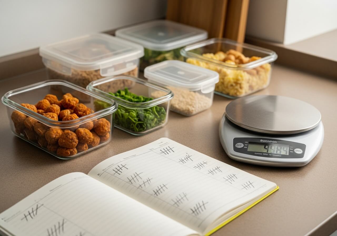 Show the act of establishing maintenance intake through consistent tracked meals and measured portions — nutrient cycling fat loss muscle