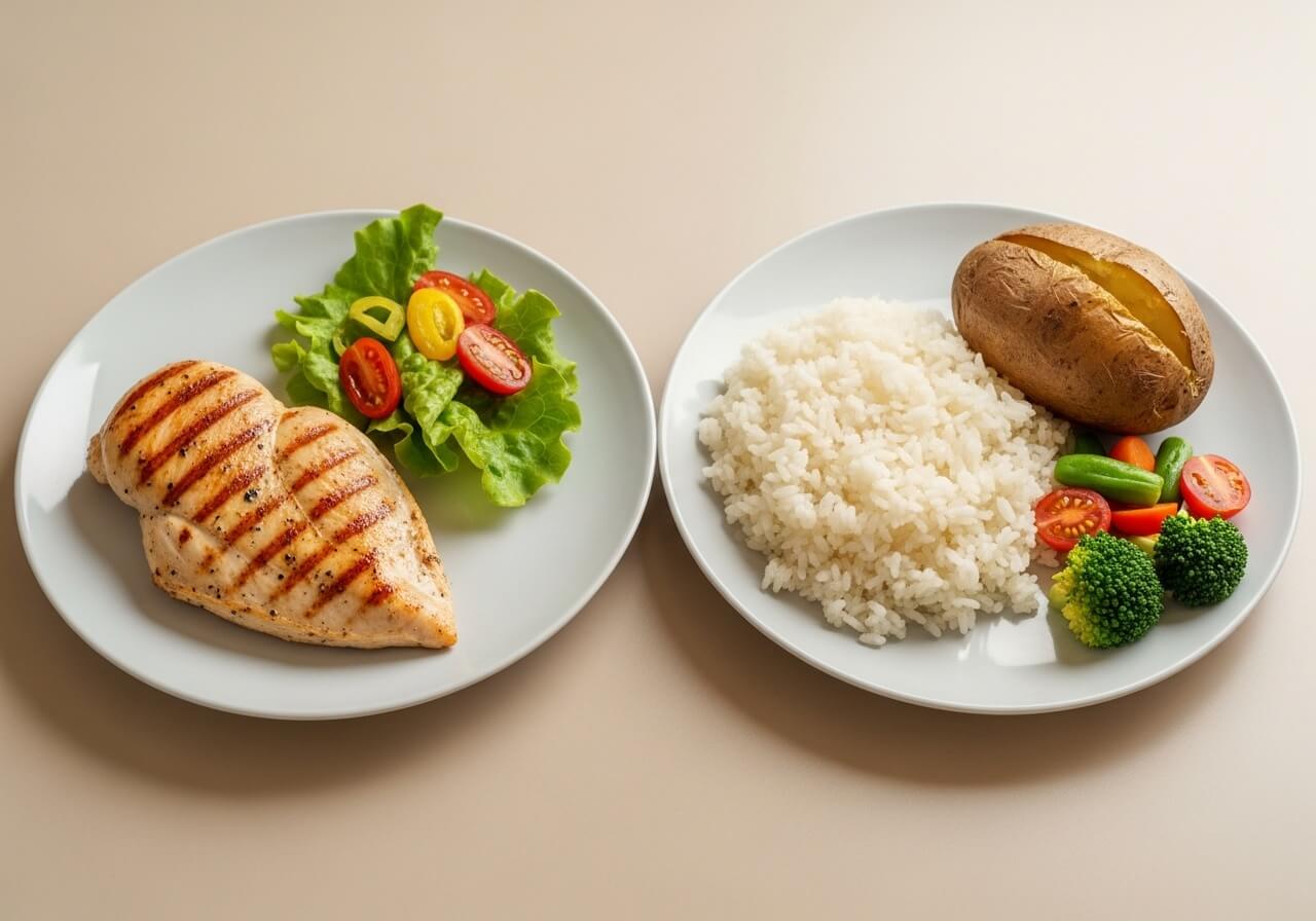 Show a training-day meal built around higher carbohydrates and protein for glycogen replenishment and muscle support — nutrient cycling fat loss muscle