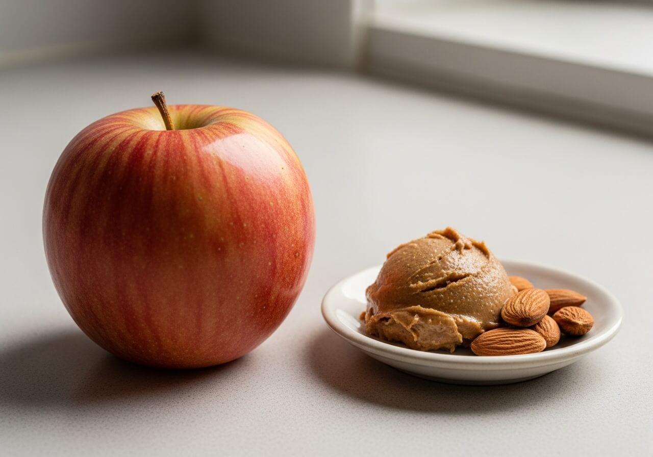 Show the specific pairing mechanism of fruit fiber plus nut fat for steadier snacking — healthy snacks nutrition