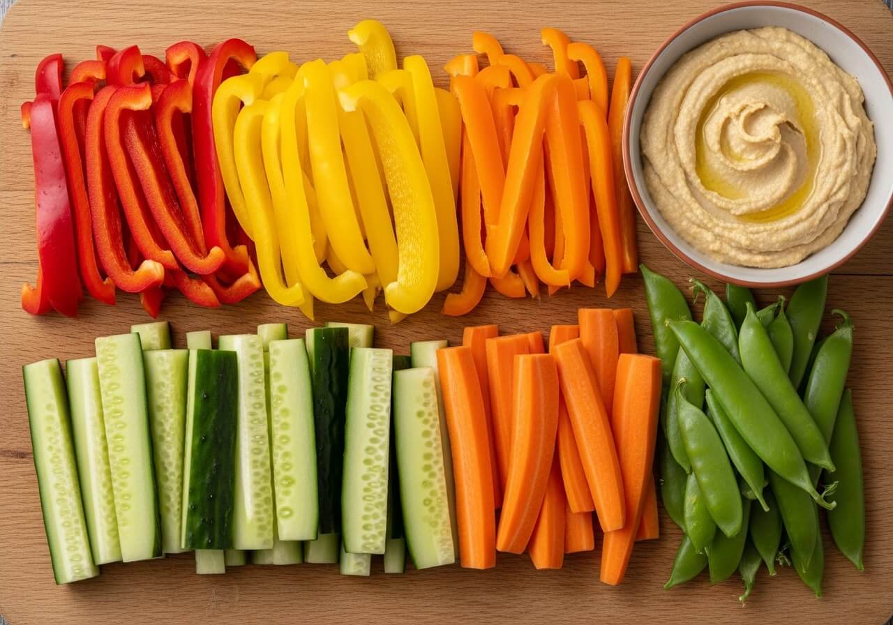Show vegetables paired with a dip to create a more satisfying savory snack — healthy snacks nutrition