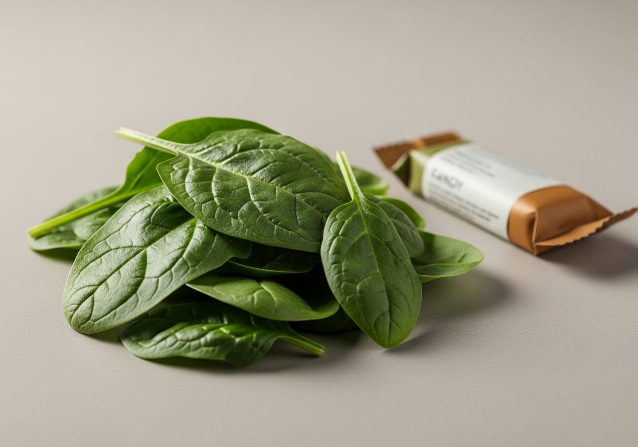 Show the idea of food efficiency as nutrient-rich food versus calorie-dense candy — nutrient density per calorie