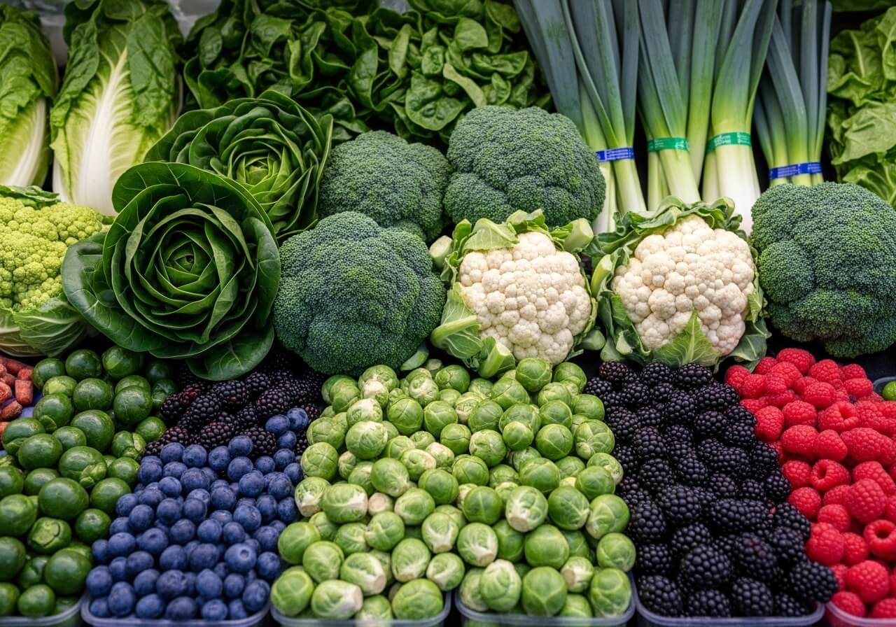 Show grocery-store visual cues for nutrient-dense produce — nutrient density per calorie