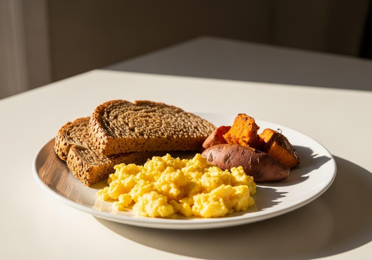 show a recovery-supporting meal that matches the follicular phase emphasis on protein and complex carbohydrates — hormonal cycle nutrition timing