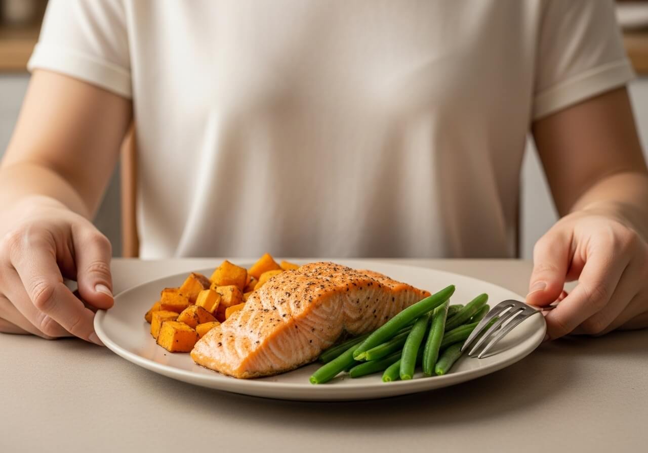 Show a dinner portion that is balanced, not heavy, and appropriate well before bedtime — nutrition better sleep