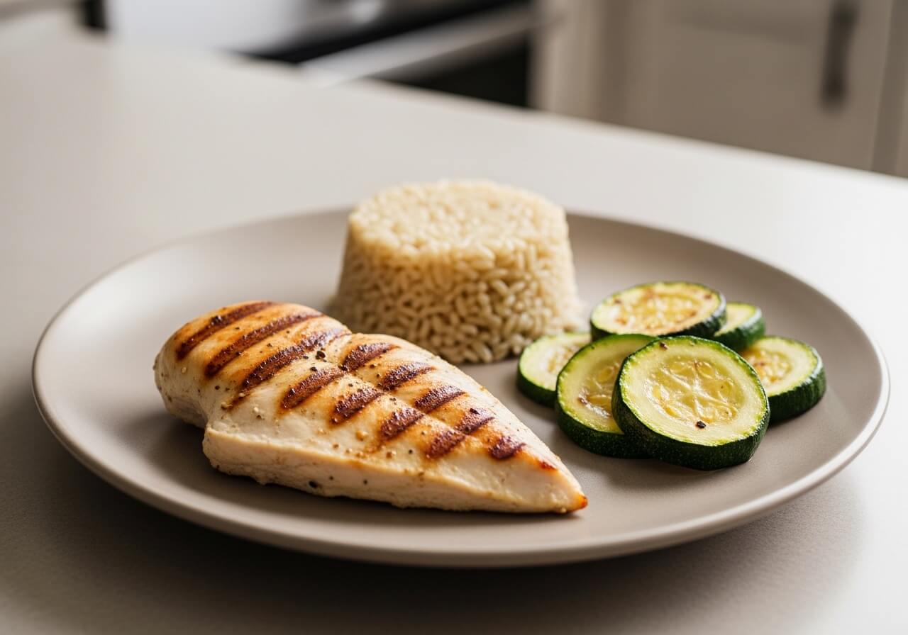 Show a protein-centered plate with a modest carb portion, emphasizing the macro shift — nutrition deload weeks