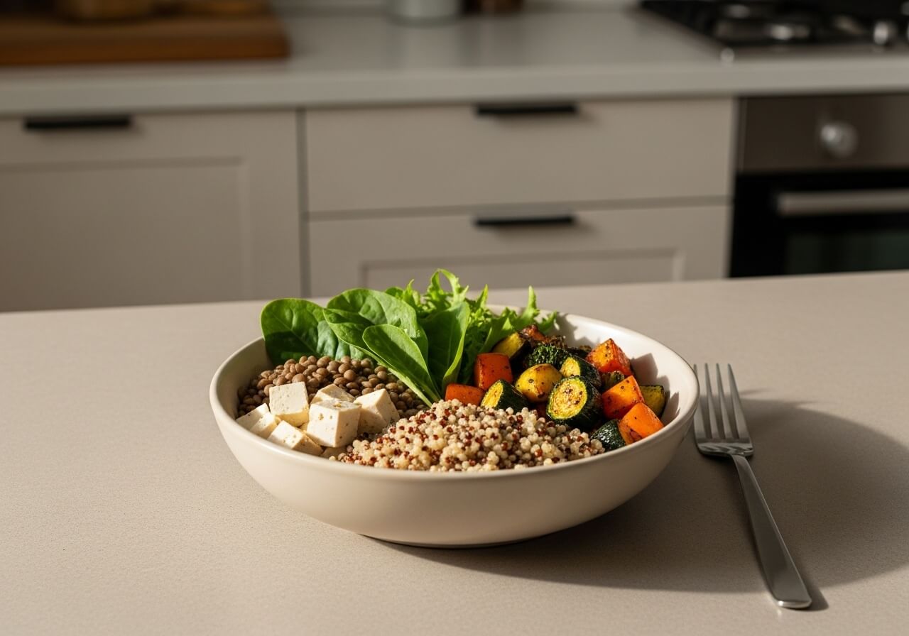 Show a plant-based higher-fiber meal that supports fullness during calorie deficit — plant based animal protein muscle