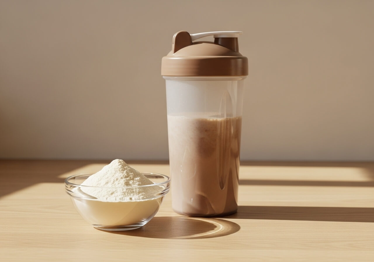 Show a fast-absorbing protein source in a simple post-training food context — protein bioavailability absorption