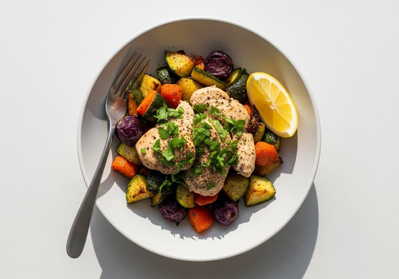 A fresh low-sodium meal built from herbs, acids, and simple ingredients instead of salty processed foods — daily sodium intake guidelines