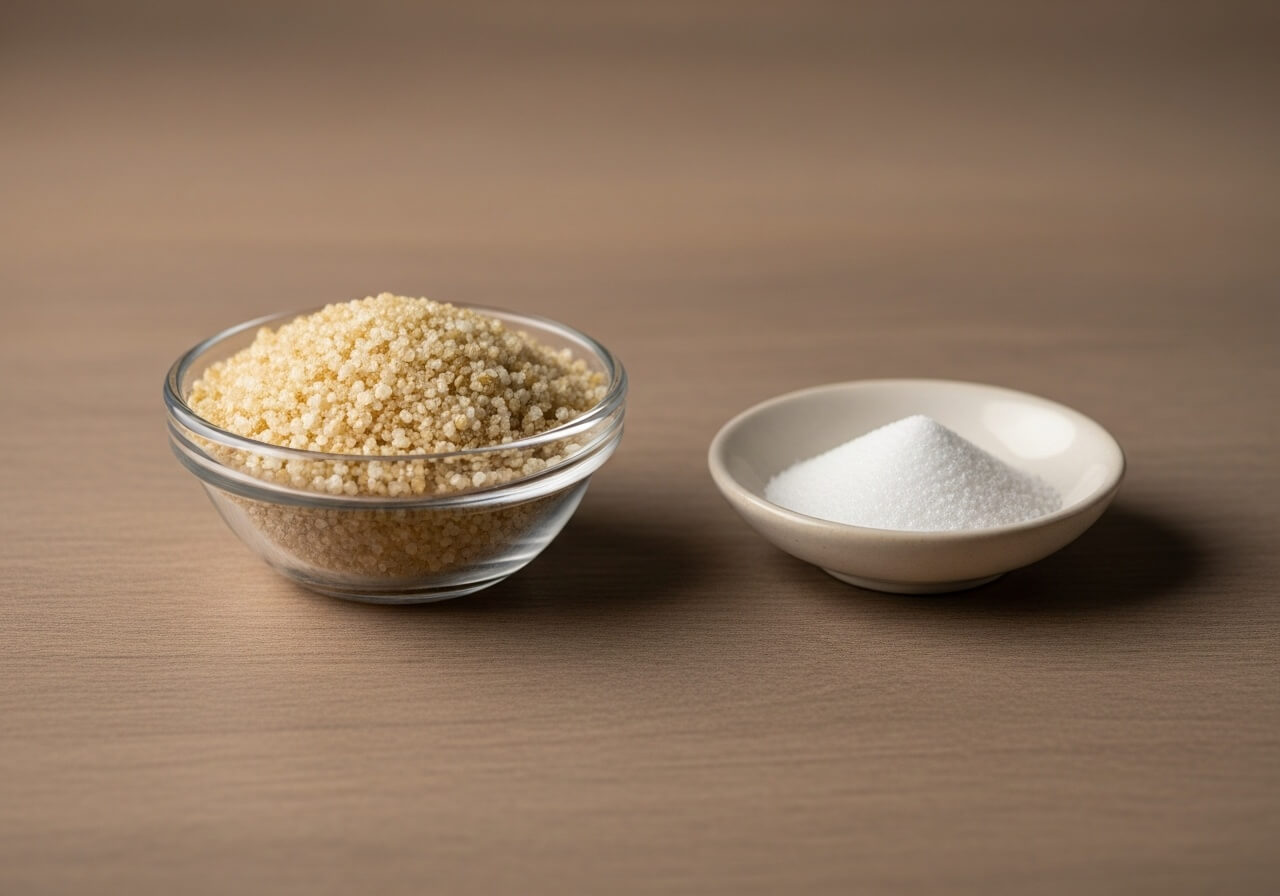Show the physical difference between a sugar alcohol sweetener and an artificial sweetener as ingredients — sugar alcohols vs artificial sweeteners