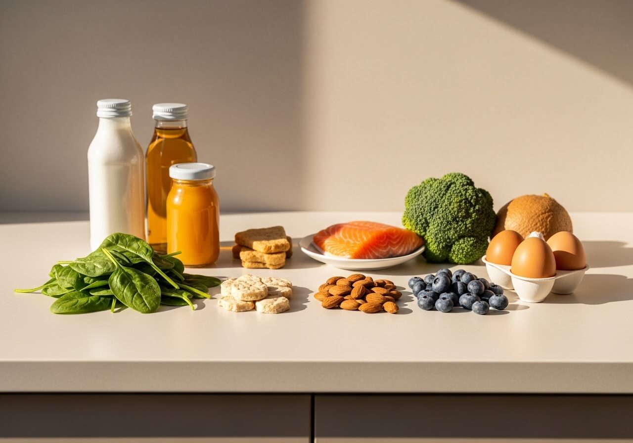 Show the concept of nutrient density as a comparison between ordinary groceries and more nutrient-dense choices — super healthy foods