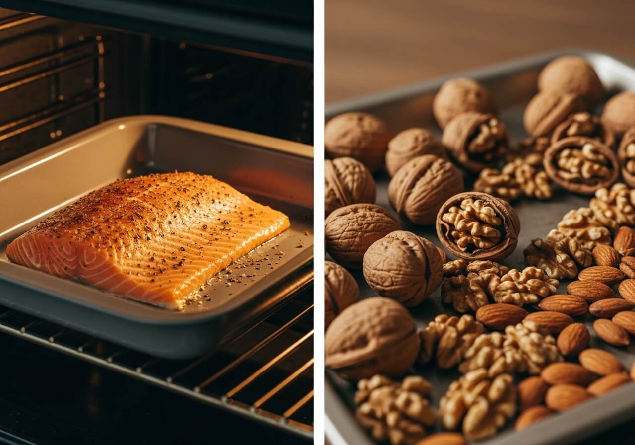 Show the low-to-moderate heat approach for preserving beneficial fats in fish and nuts — super healthy foods