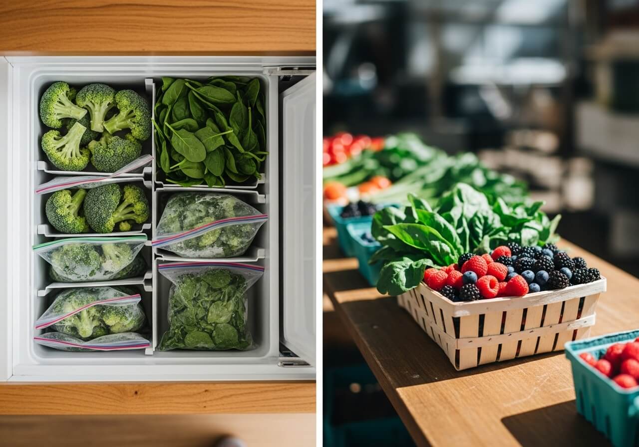 Show the buying decision between frozen produce and seasonal fresh produce — super healthy foods