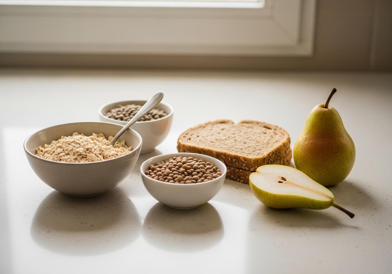 Show a practical way to reach a daily fiber target through portions, not numbers on screen — fiber intake benefits