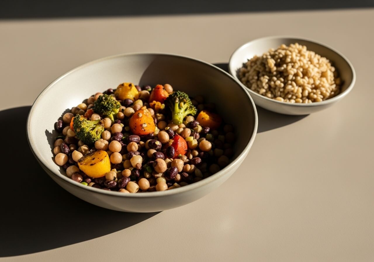 Show a fiber-rich meal as nourishment for the gut microbiome over time — fiber intake benefits
