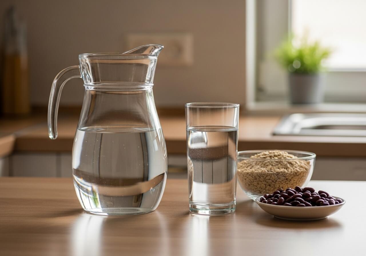 Show gradual fiber increase and hydration as a practical, gentle approach — fiber intake benefits