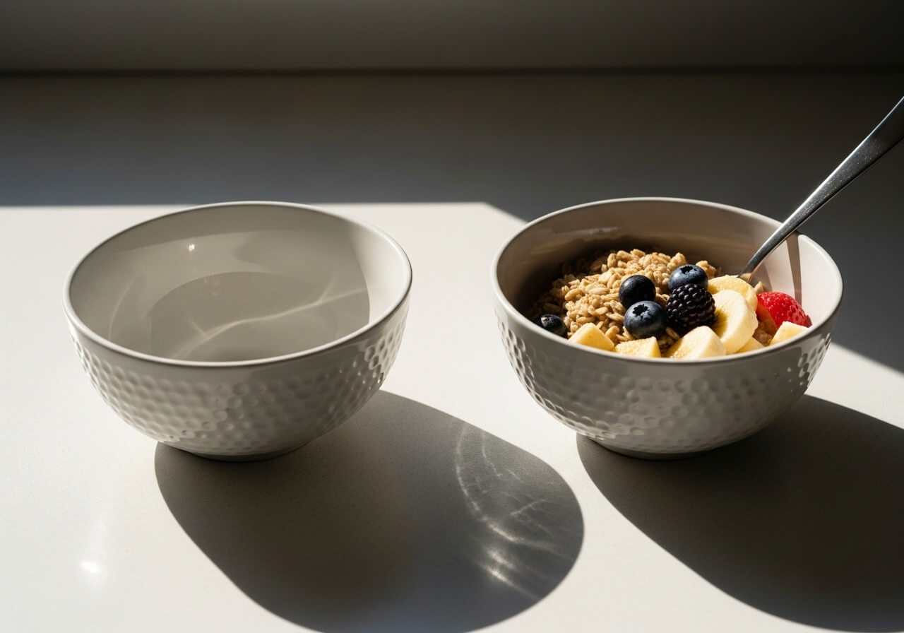 Show the body’s hunger and fullness signaling system in a simple, everyday context — hunger hormones control