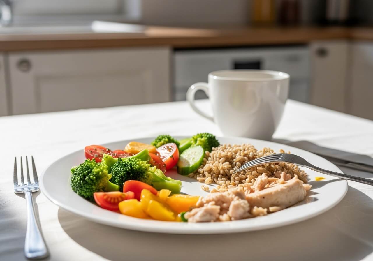 Show post-meal satiety and energy stores through a naturally finished meal setting — hunger hormones control