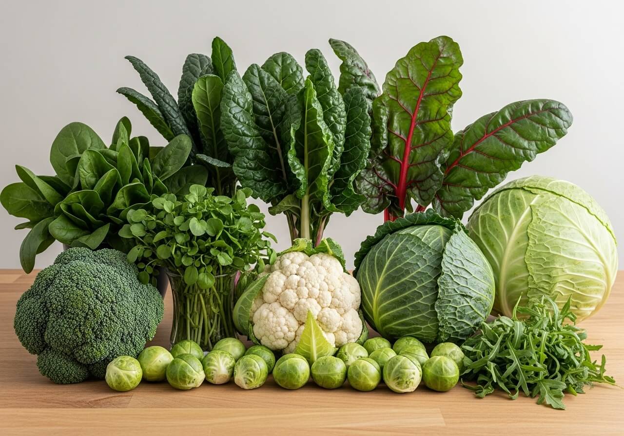 Show why rotating different vegetable families matters by presenting a practical mix of dark leafy greens and cruciferous vegetables rather than one repeated item